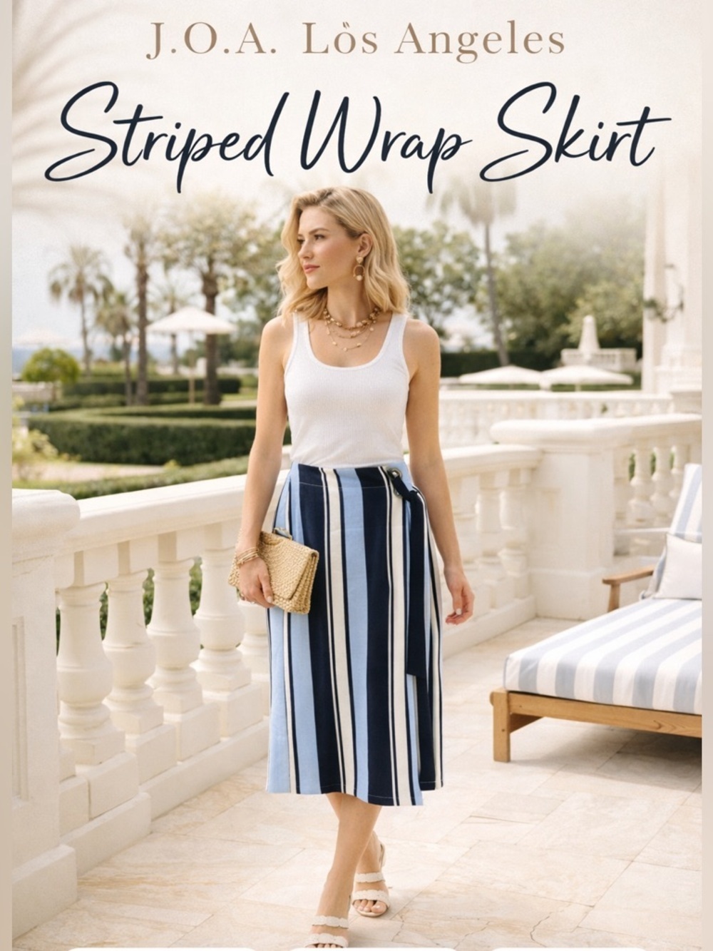 .O.A. Los Angeles Striped Wrap Skirt Blue White Nautical Size S Resort Chic